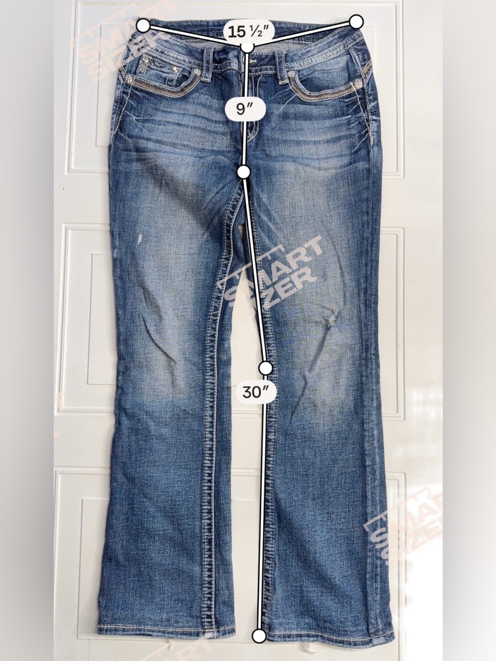 Miss Me Women’s Sz 29 Blue Gemstone Embellished Blue Mid Rise Bootcut Jeans - Picture 3 of 8